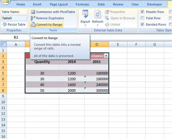   Tabellenformat zu Excel-Daten hinzufügen