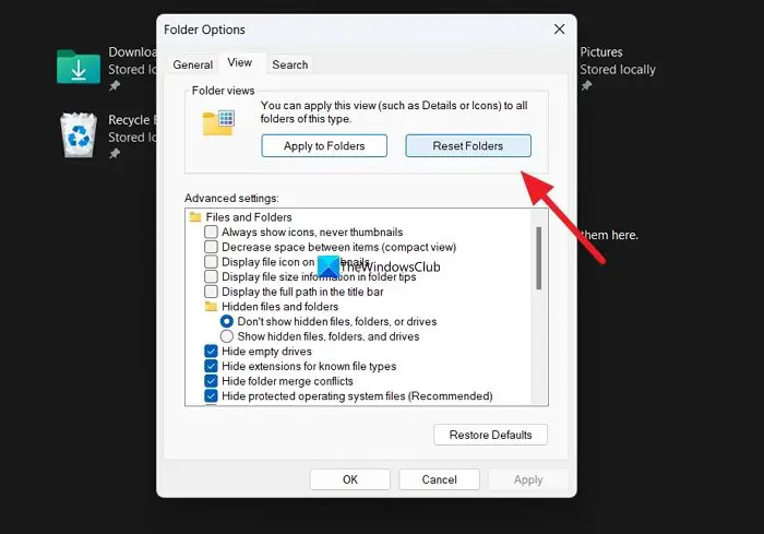 إعادة تعيين إعدادات المجلد على جهاز كمبيوتر يعمل بنظام Windows