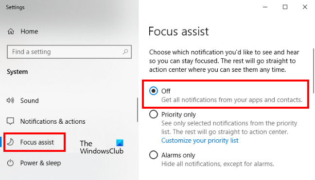 Deshabilitar el asistente de enfoque de Windows 10