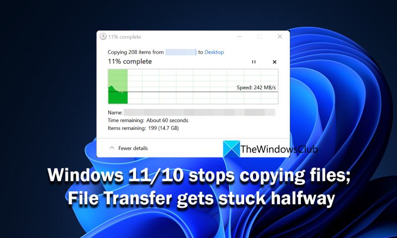 Windows спира да копира файлове Прехвърлянето на файлове спира по средата
