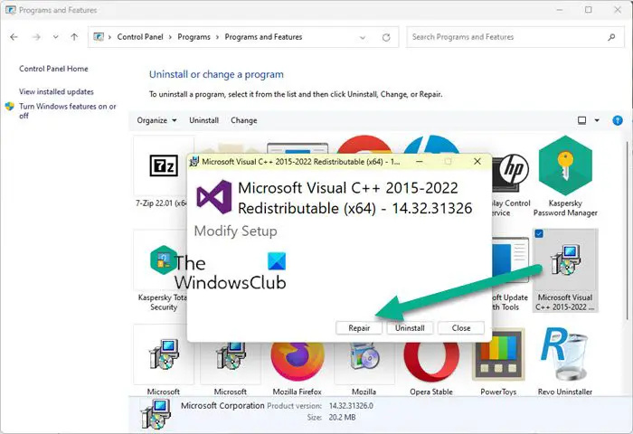   popravi Microsoft Visual C