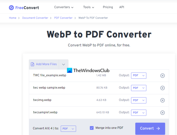 FreeConvert WebP till PDF onlinekonverterare