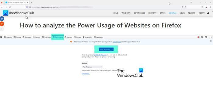 Hoe het stroomverbruik van websites in Firefox te analyseren