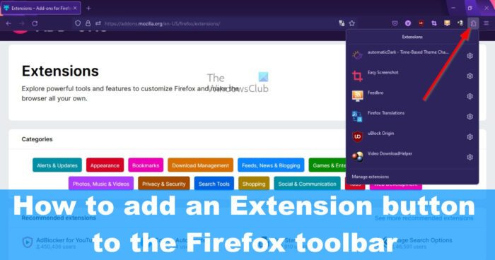 Jak přidat tlačítko Rozšíření na panel nástrojů Firefoxu