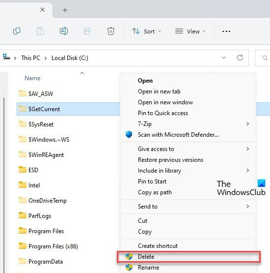 Tinatanggal ang folder na $GetCurrent gamit ang Windows Explorer