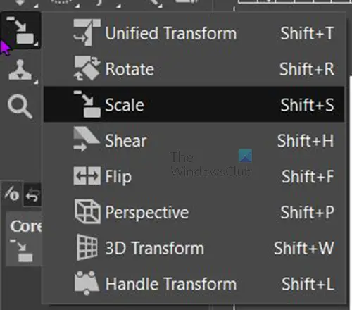   Cómo cambiar el tamaño de las imágenes en GIMP - Panel de capas izquierdo - Lista de herramientas de transformación