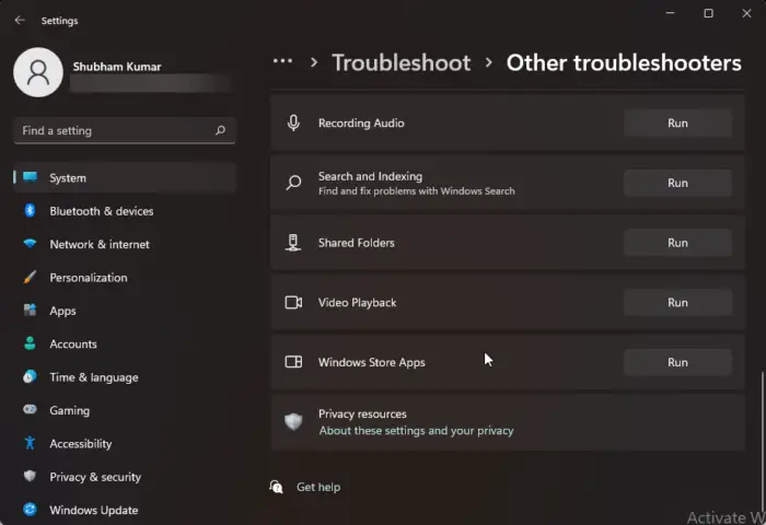   Troubleshooter ng Windows Store Apps