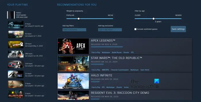   Steam Interactive Recommender žaidimų sąrašas