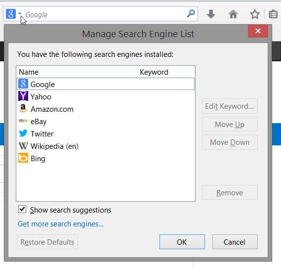 डिफ़ॉल्ट खोज इंजन फ़ायरफ़ॉक्स सेट करें