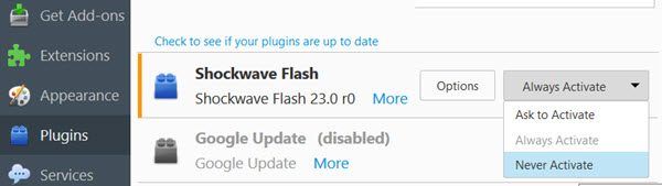 poista Poista Adobe Shockwave Flash käytöstä