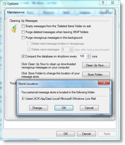 Windows Live Mail Store -kansion sijainti