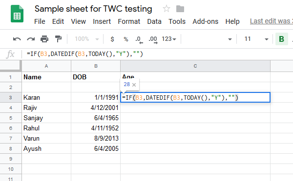 Как да изчислим възрастта от датата на раждане с формули в Google Sheets