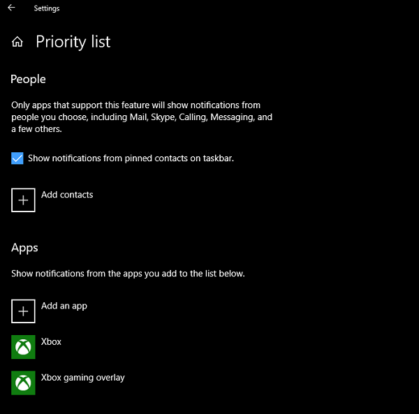 Focus Assist opcija cilvēkiem, Windows 10 lietotnēm