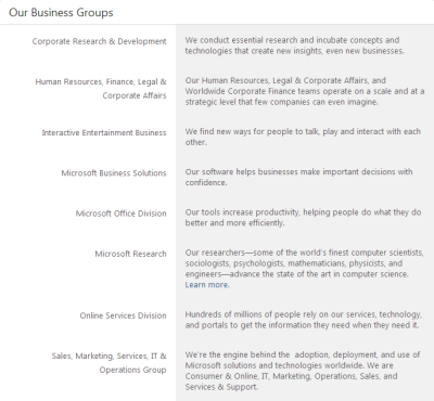 Figura 2 - Cómo solicitar un trabajo en Microsoft - Departamentos