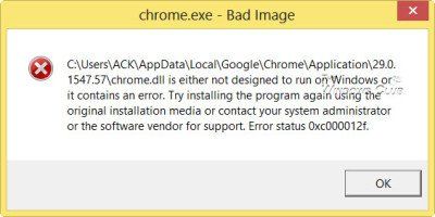 Popravek: nepravilna slika Chrome.exe, stanje napake 0xc000012f