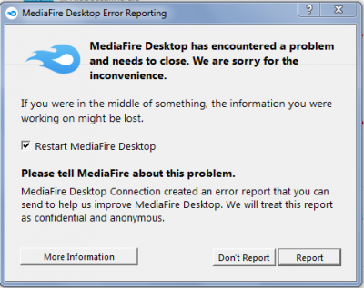 דיווח על שגיאות של MediaFire Desktop