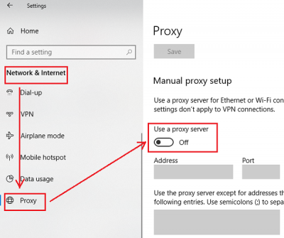 Huwag paganahin ang manu-manong mga setting ng proxy