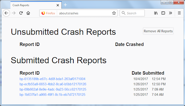 Rapporti sugli arresti anomali di Firefox