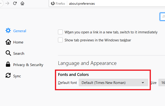 Cambia il carattere predefinito per Firefox