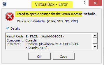 VirtualBox-istunnon avaaminen virtuaalikoneelle epäonnistui