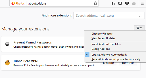 I-update ang mga add-on ng Firefox
