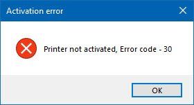 Printer pole aktiveeritud, veakood - 30
