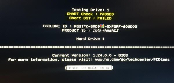Inteligentná kontrola prešla; Short DST Failed - počítač HP
