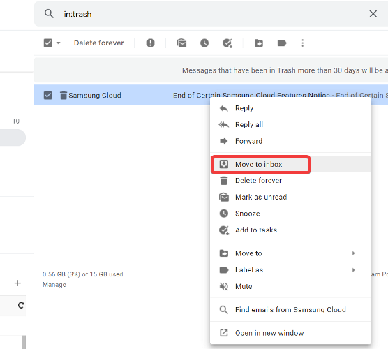 हटाए गए ईमेल को इनबॉक्स में स्थानांतरित करना