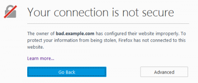 あなたの接続は安全ではありません - Mozilla Firefox ブラウザ