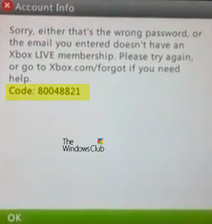 Xbox Live-inloggningsfel 80048821
