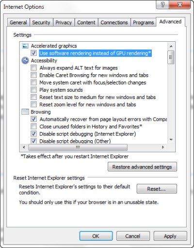 Internet Explorer aparatūras paātrināšana: iespējošana, atspējošana, traucējummeklēšana, bieži uzdotie jautājumi