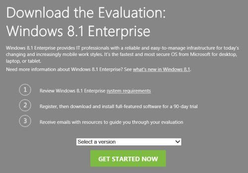 Изтеглете Windows 8.1 Enterprise Evaluation Version