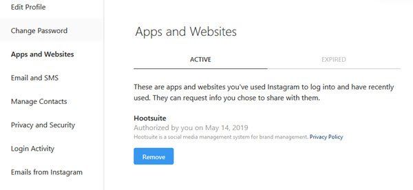 Prekličite dostop neodvisnih aplikacij iz Instagram, LinkedIn, Dropbox