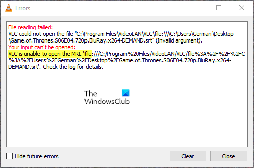 VLC MRL फ़ाइल को खोलने में असमर्थ है
