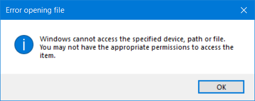 Windows няма достъп до посоченото устройство, път или съобщение за грешка във файла