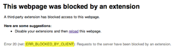 To spletno stran je blokirala razširitev ERR BLOCKED BY CLIENT