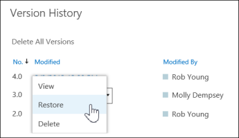 palauttaa tai palauttaa tiedoston tai asiakirjan aiemmat versiot OneDrivessa