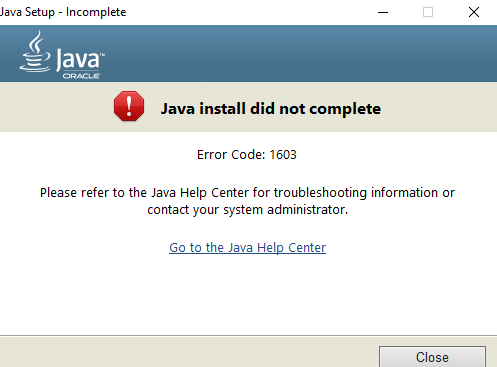 Java värskenduse installimine ei õnnestunud - tõrkekood 1603