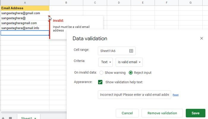 Validar e-mails no Planilhas Google usando uma regra de validação de dados