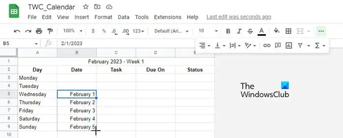   Crear un calendario de Hojas de cálculo de Google desde cero: agregar días