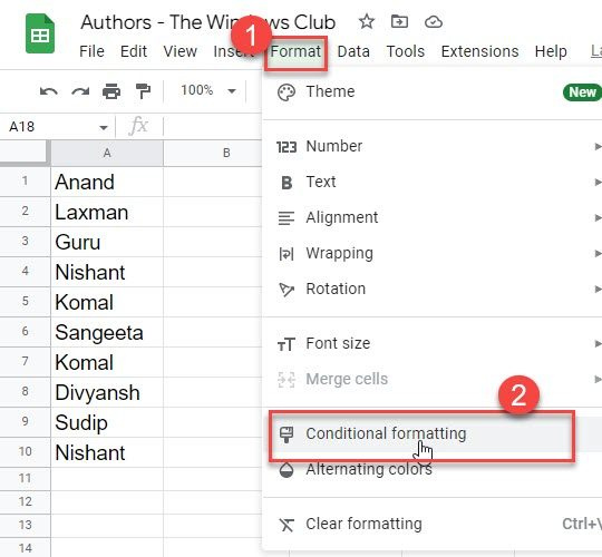 Opció de format condicional a Google Sheets