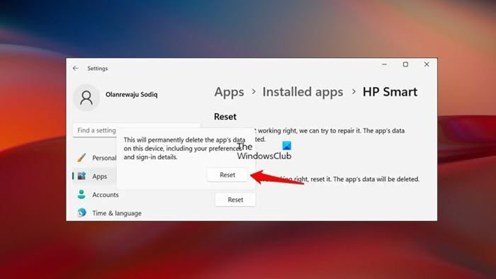 Przywróć lub zresetuj aplikację HP Smart