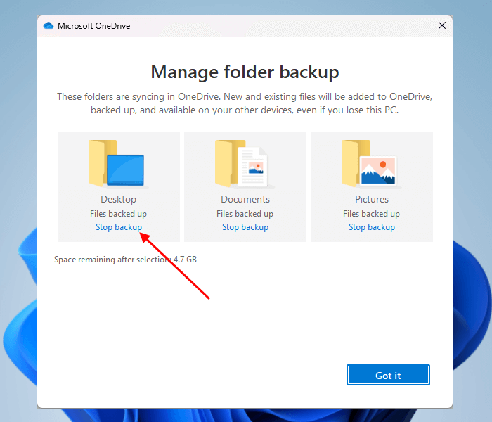 OneDrive کی ترتیبات میں ڈیسک ٹاپ فولڈر بیک اپ کو غیر فعال کریں۔
