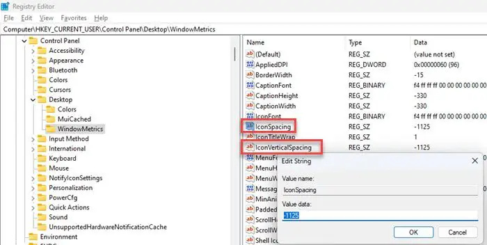   IconSpacing في Windows Registry