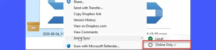   Die Dropbox-Datei ist nicht für den Offline-Zugriff markiert