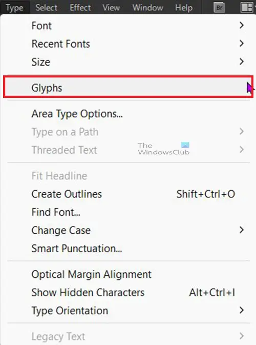   Kā pievienot aizzīmes un numerāciju programmā Illustrator - Glyphs - augšējā izvēlne