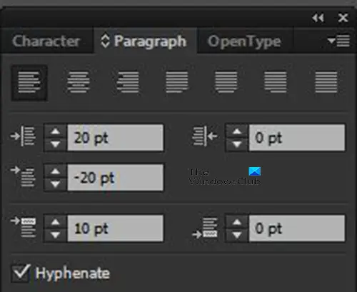   Как да добавите водещи символи и номериране в Illustrator - Стойности на панела с абзаци
