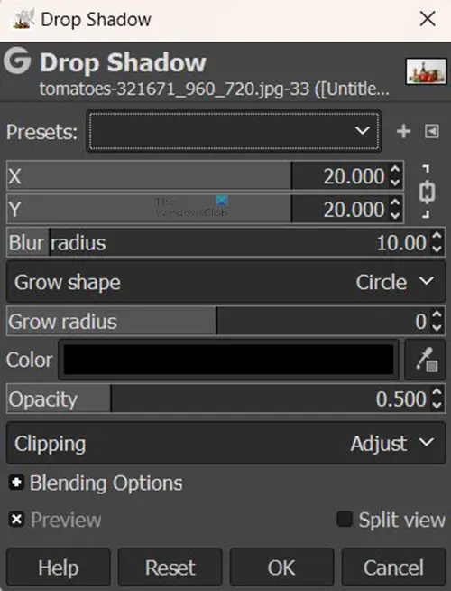   Ako pridať žiaru k objektu v GIMP - obyčajná ponuka tieňov