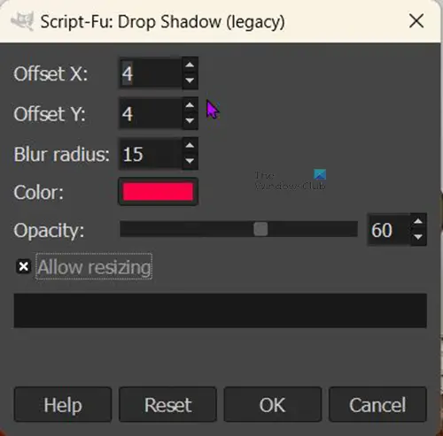   Paano magdagdag ng isang glow sa isang bagay sa GIMP - drop shadow - window ng mga pagpipilian sa legacy
