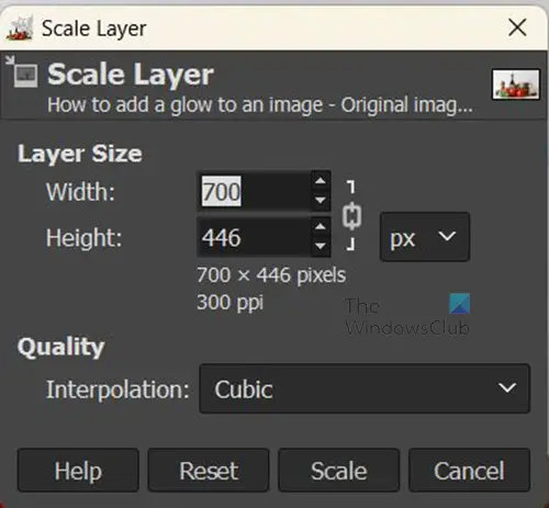   Jak dodać poświatę do obiektu w GIMP - Opcje warstwy skalowania